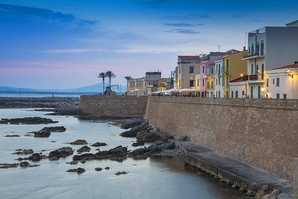 View of ancient city walls and the historical center, Alghero, Sardinia, Italy, Mediterranean, Europe