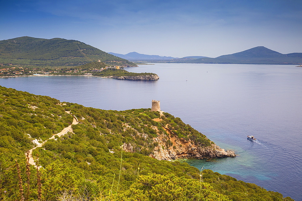 View towards Bollo Tower, Capo Caccia, Porto Conte National Park, Alghero, Sardinia, Italy, Mediterranean, Europe