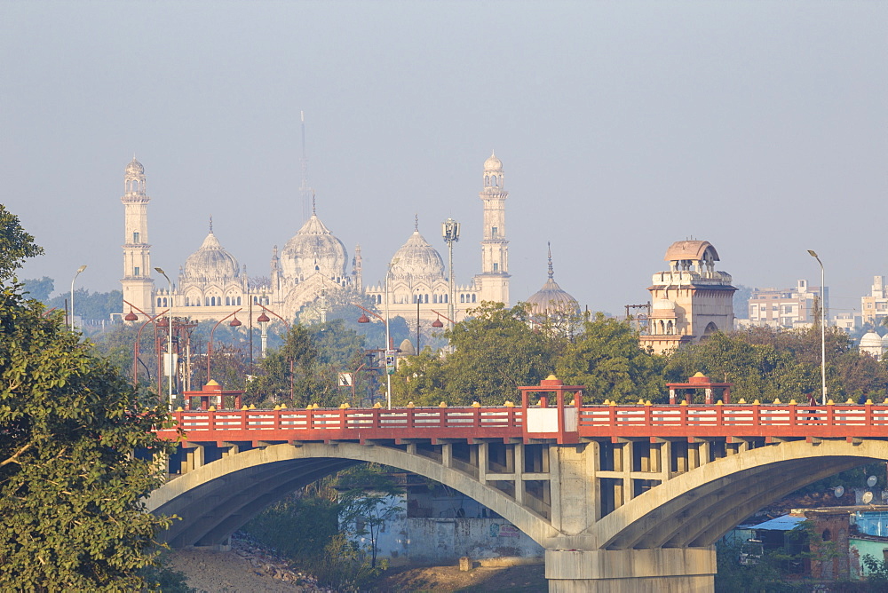 Bridge over Gomti River with Bara Imambara in distance, Lucknow, Uttar Pradesh, India, Asia