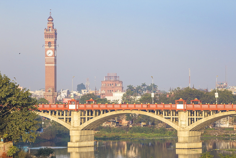 Bridge over Gomti River with Clock Tower in distance, Lucknow, Uttar Pradesh, India, Asia