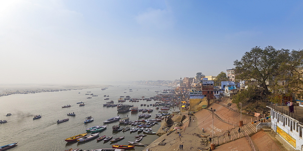 View of Varanasi Ghats and Ganges River, Varanasi, Uttar Pradesh, India, Asia