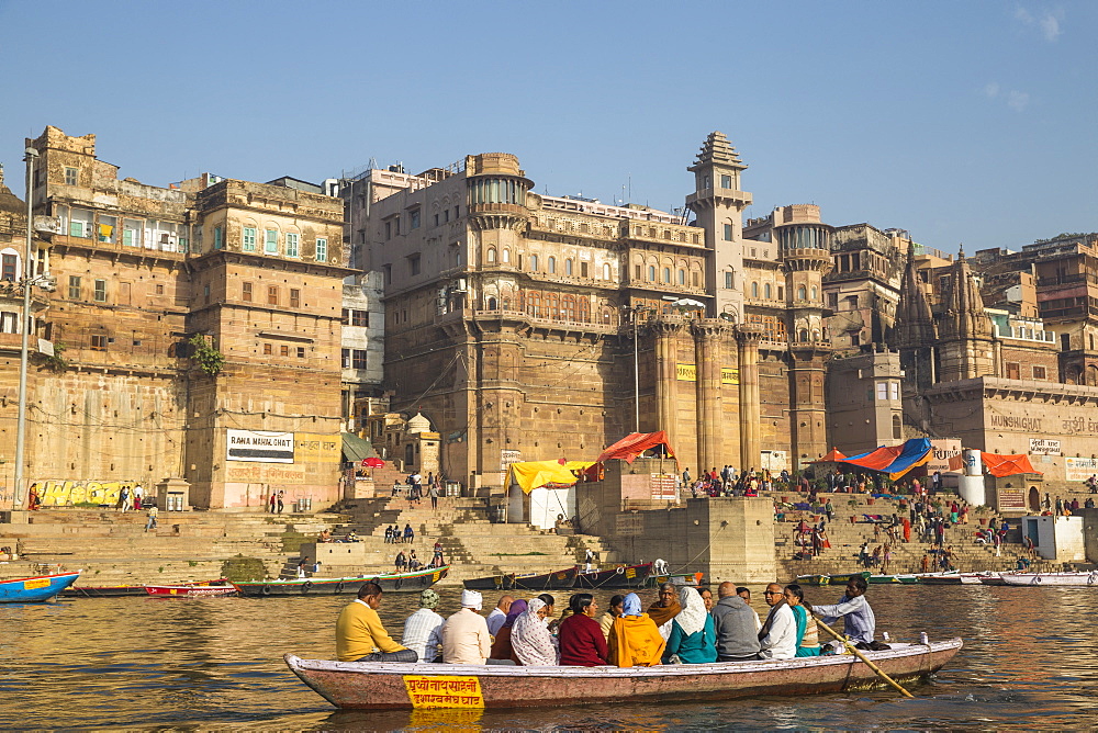 View towards Brijrama Palace Hotel at Darbanga Ghat, Varanasi, Uttar Pradesh, India, Asia