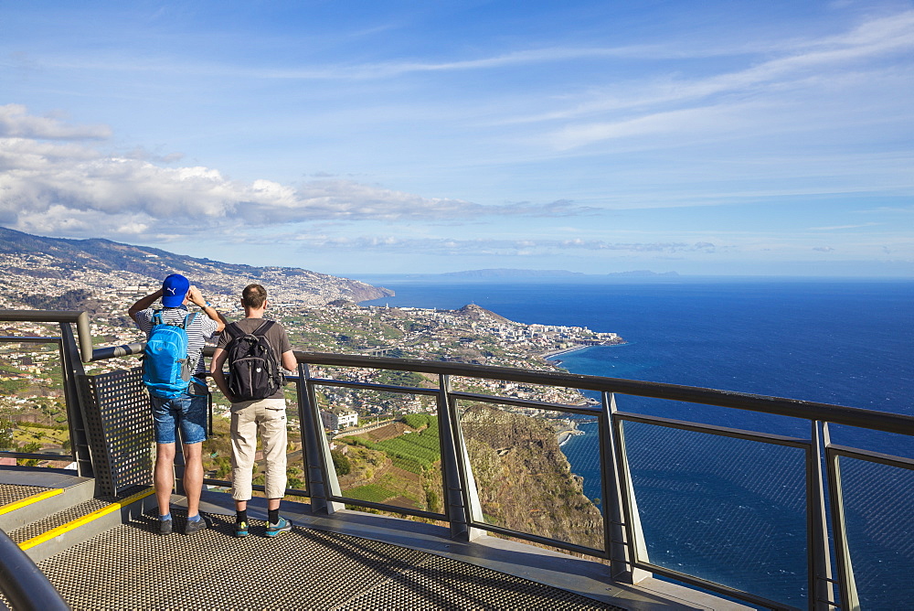 Tourists look at view from glass bottomed skywalk, Cabo Girao, Funchal, Madeira, Portugal, Atlantic, Europe