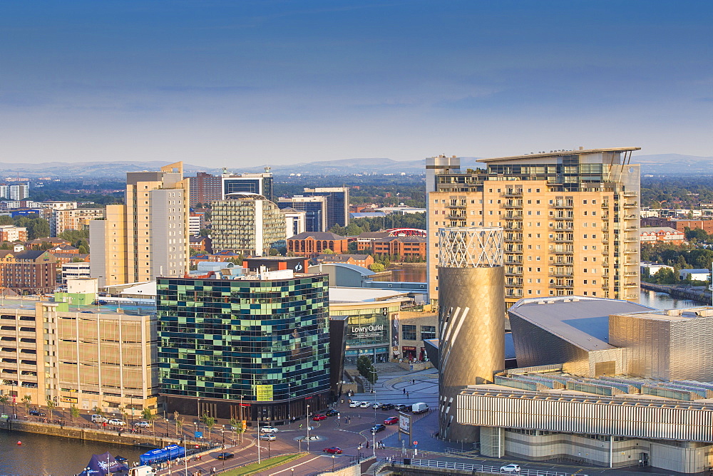 View of Salford Quays looking towards Lowry Theatre and Lowry Outlet mall, Salford, Manchester, England, United Kingdom, Europe