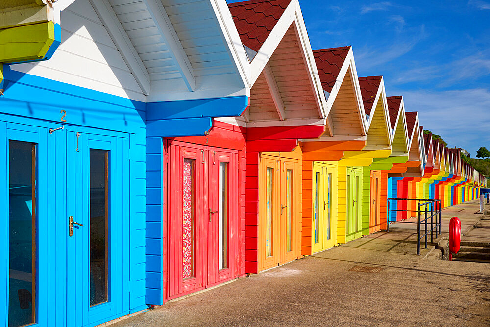 Beach Huts on North Bay beach, Scarborough, Yorkshire, England, United Kingdom, Europe