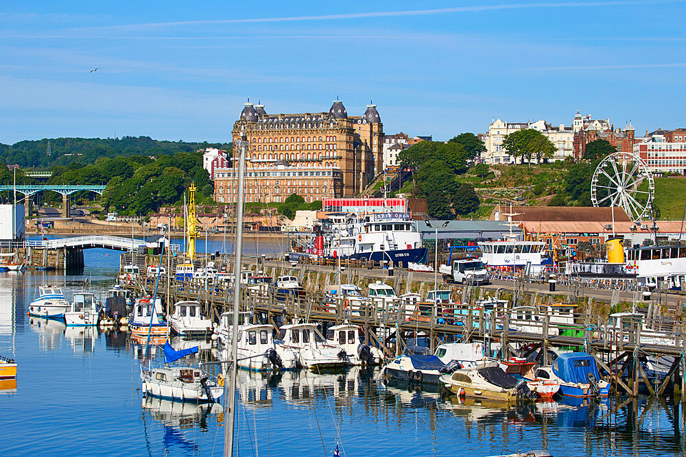 View of South Bay, looking towards Grand Hotel, Scarborough, Yorkshire, England, United Kingdom, Europe