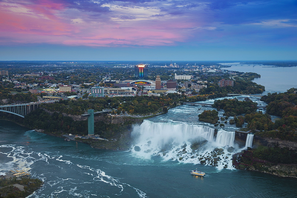 View of Rainbow Bridge and The American Falls, Niagara Falls, Niagara, border of New York State, and Ontario Canada, North America