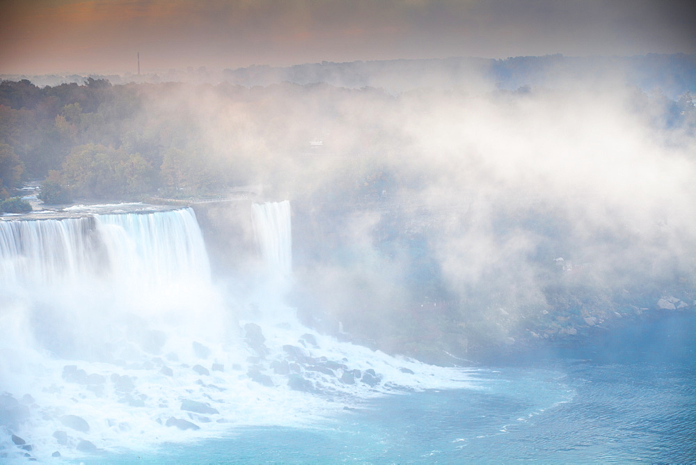 View of The American and Bridal Veil Falls at dawn, Niagara Falls, Niagara, border of New York State, United States of America, and Ontario, Canada, North America