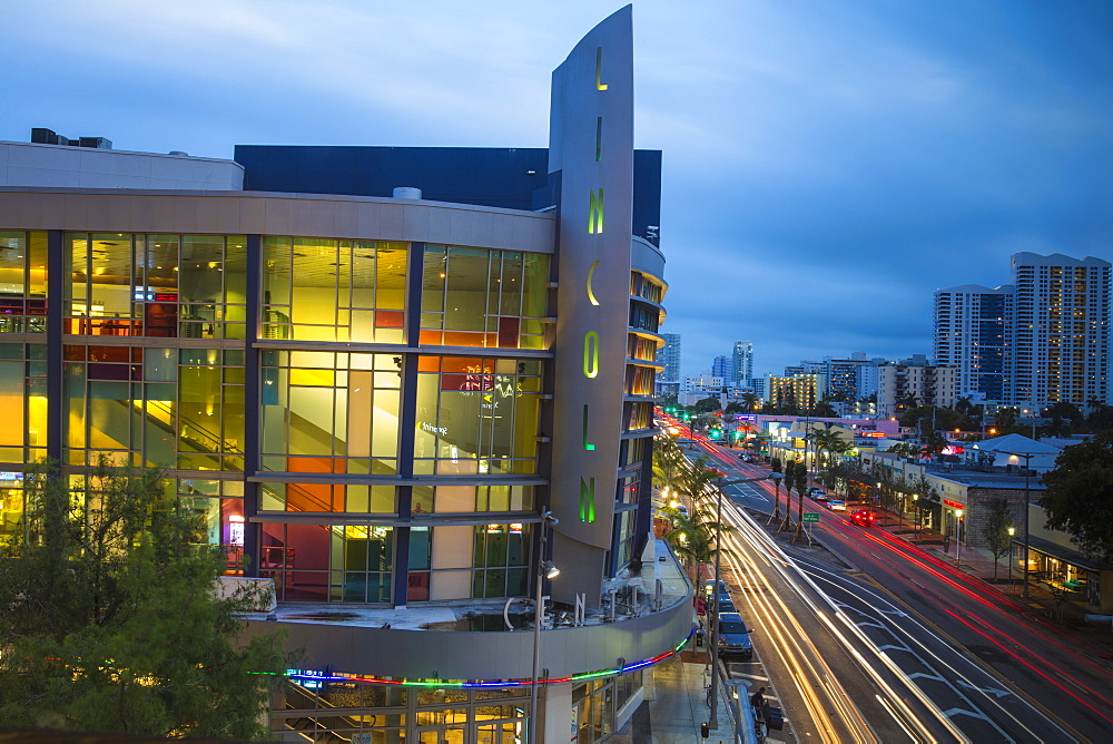 View of Lincoln Regal cinemas and Alton Road, South Beach, Miami Beach, Florida, United States of America, North America