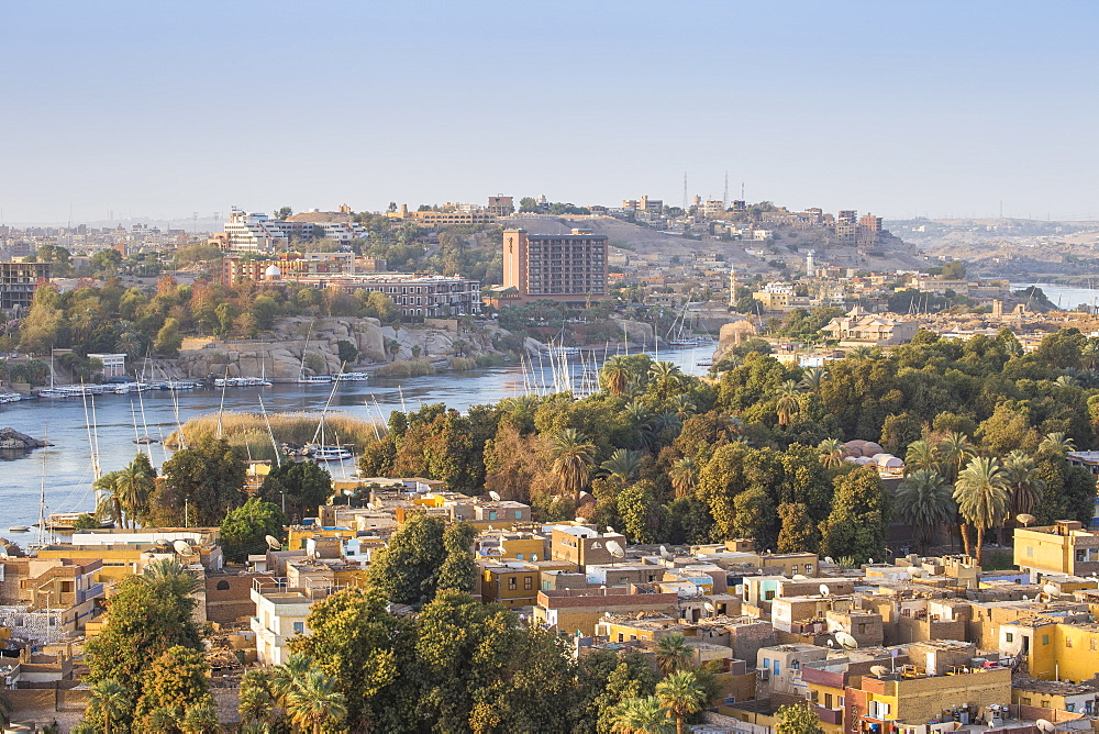 View of Aswan looking over Elephantine Island towards The Cataract Hotel, Aswan, Upper Egypt, Egypt, North Africa, Africa