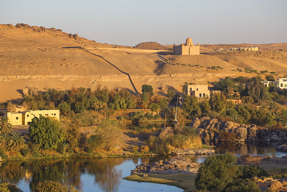 View of The River Nile and The Mausoleum of Aga Khan on the West Bank, Aswan, Upper Egypt, Egypt, North Africa, Africa