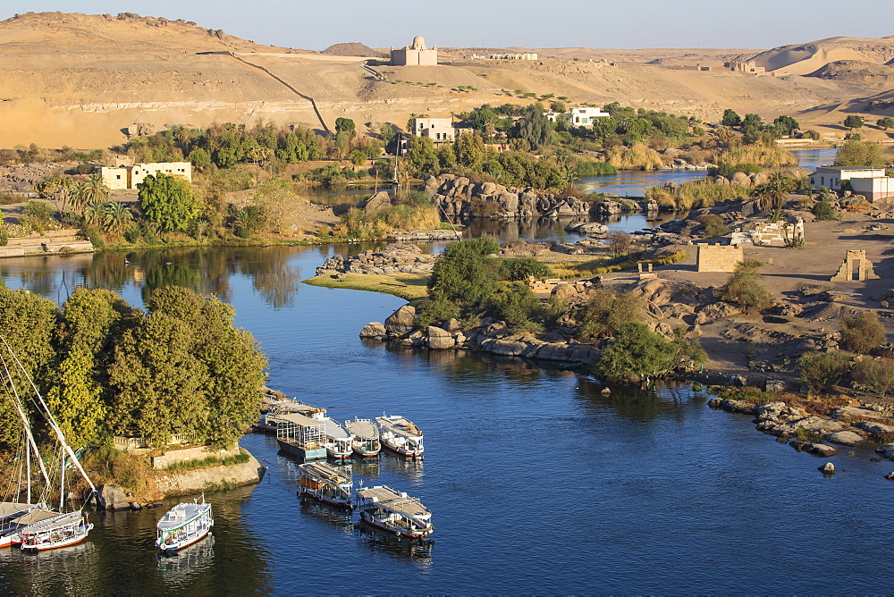 View of The River Nile and The Mausoleum of Aga Khan on the West Bank, Aswan, Upper Egypt, Egypt, North Africa, Africa