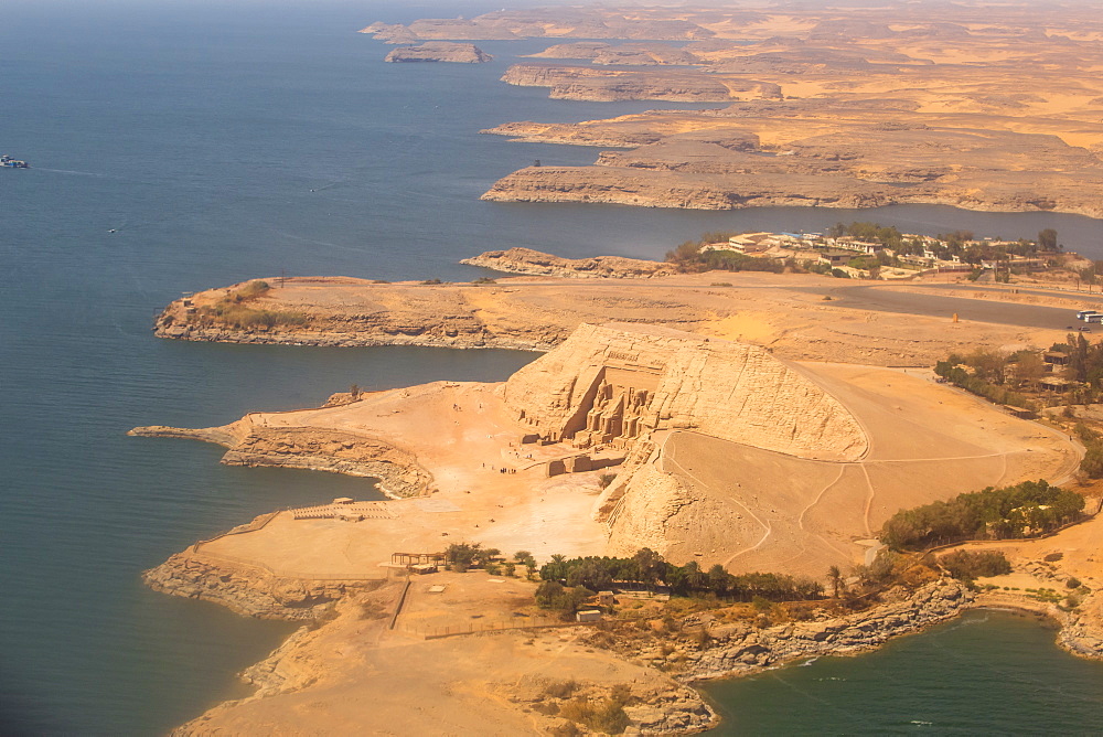 Aerial view of Abu Simbel, UNESCO World Heritage Site, and Lake Nasser, Egypt, North Africa, Africa