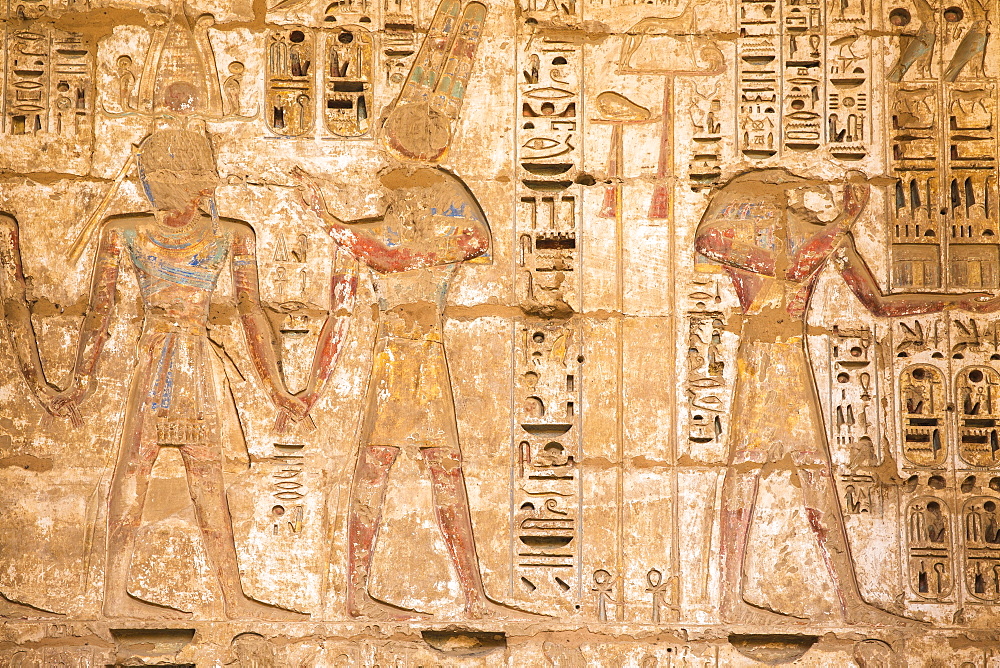 Reliefs on the walls of the Second Court, Temple of Ramesses III at Medinet Habu, West Bank, UNESCO World Heritage Site, Luxor, Egypt, North Africa, Africa