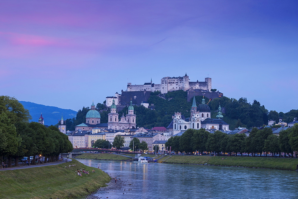 View of Salzach River and Hohensalzburg Castle above The Old City, UNESCO World Heritage Site, Salzburg, Austria, Europe