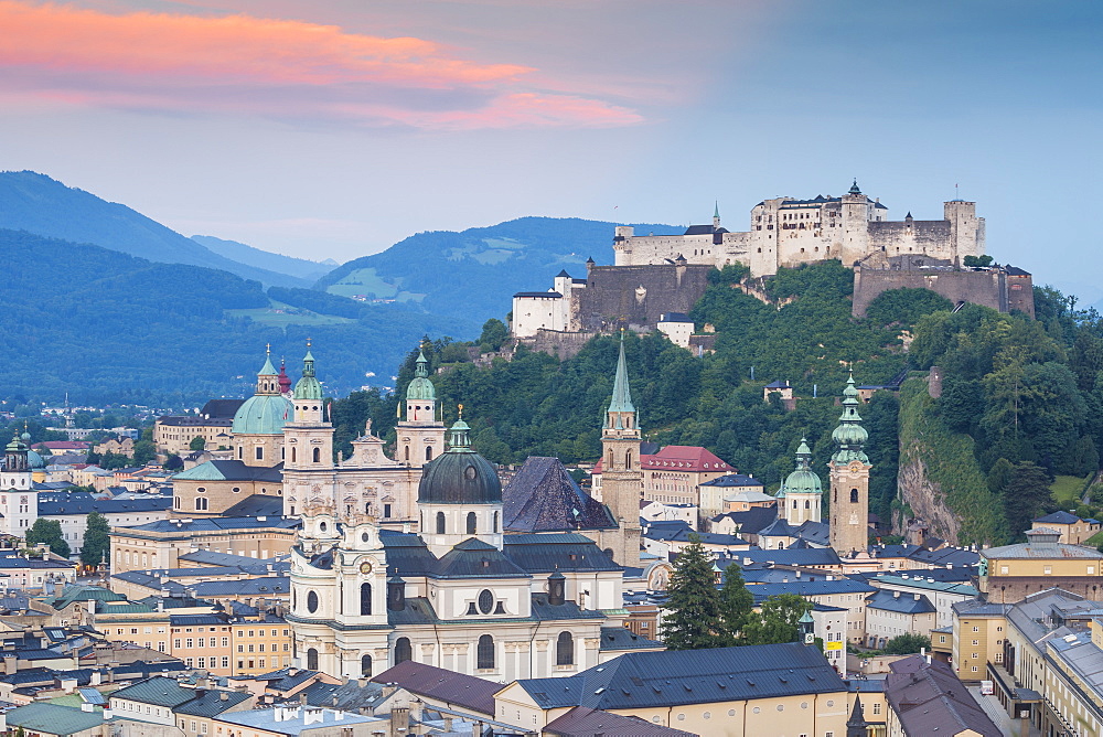 View of Hohensalzburg Castle above The Old City, UNESCO World Heritage Site, Salzburg, Austria, Europe