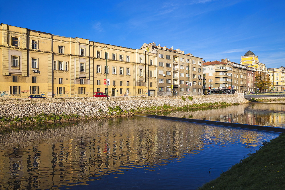 Buildings of Bascarsija (The Old Quarter), on the banks of the Miljacka River, Sarajevo, Bosnia and Herzegovina, Europe