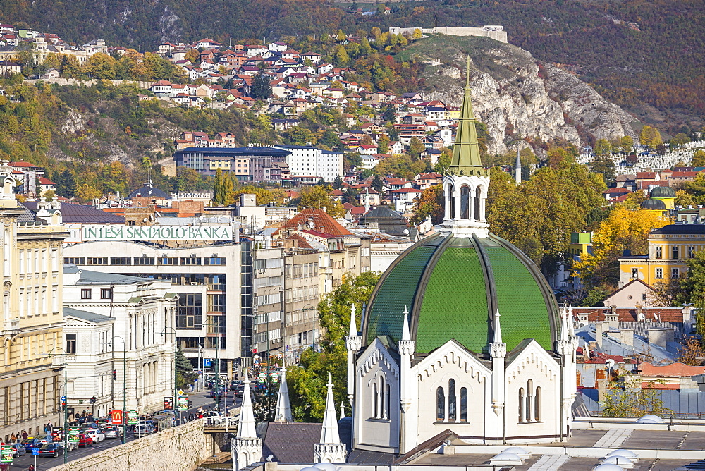 View of Bascarsija (The Old Quarter), on the banks of the Miljacka River, Sarajevo, Bosnia and Herzegovina, Europe