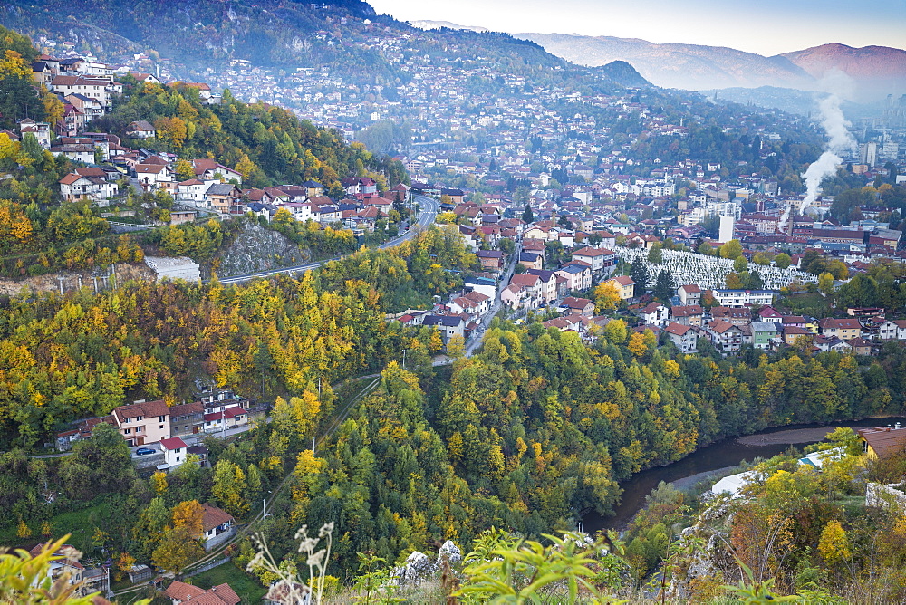 View of Alifakovac graveyard, where Muslim foreigners are buried, and City, Sarajevo, Bosnia and Herzegovina, Europe