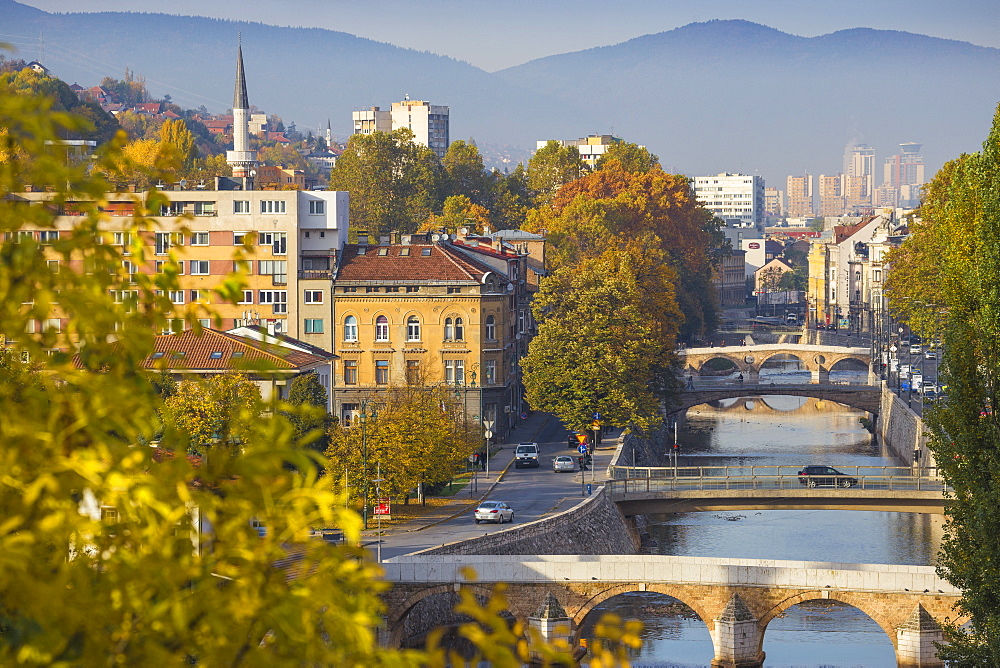 View of city and Miljacka River, Sarajevo, Bosnia and Herzegovina, Europe