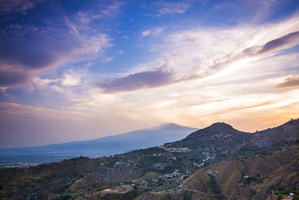 Mount Etna Volcano at sunset, UNESCO World Heritage Site, Taormina, Sicily, Italy, Europe 