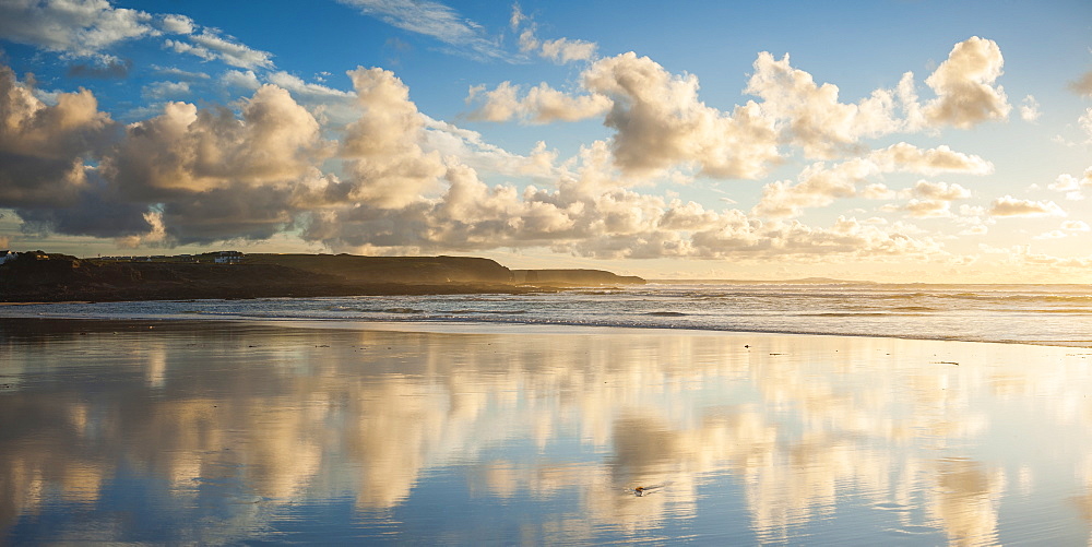 Cloud reflections at Constantine Bay at sunset, Cornwall, England, United Kingdom, Europe