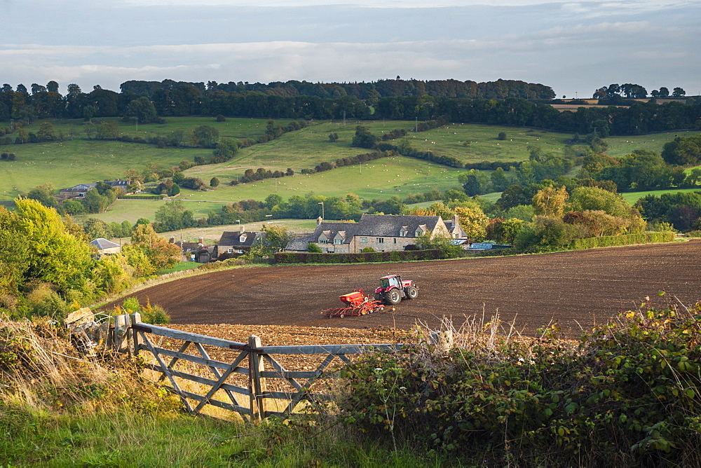 Tractor ploughing fields in Blockley, The Cotswolds, Gloucestershire, England, United Kingdom, Europe 