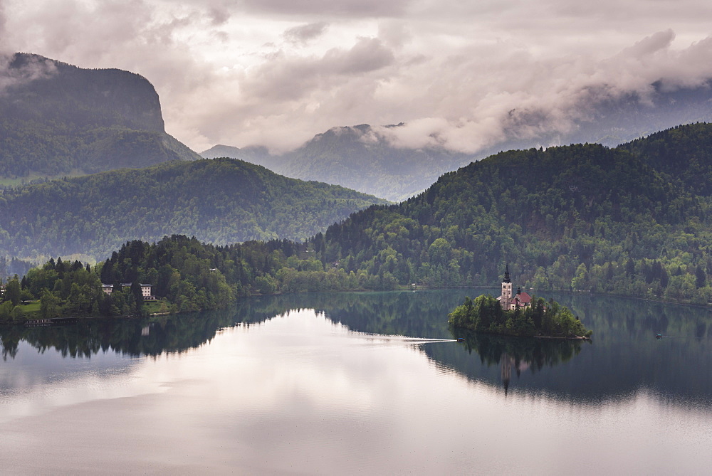 View of Lake Bled from Lake Bled Castle, Bled, Julian Alps, Gorenjska, Upper Carniola Region, Slovenia, Europe