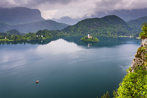 View of Lake Bled from Lake Bled Castle, Bled, Julian Alps, Gorenjska, Upper Carniola Region, Slovenia, Europe