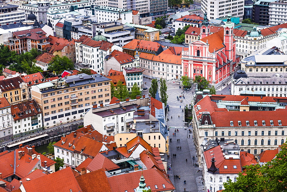 Franciscan Church of the Annunciation in Preseren Square, seen from Ljubljana Castle in Ljubljana Old Town, Slovenia, Europe