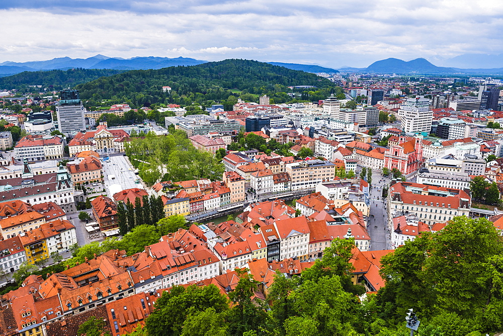 Aerial view of Ljubljana city, seen from Ljubljana Castle, Slovenia, Europe