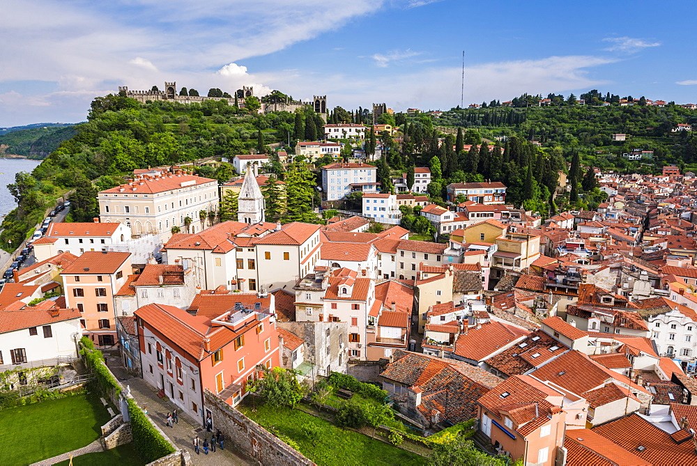 Piran and Piran Town Walls, seen from Church of St. George, Piran, Primorska, Slovenian Istria, Slovenia, Europe