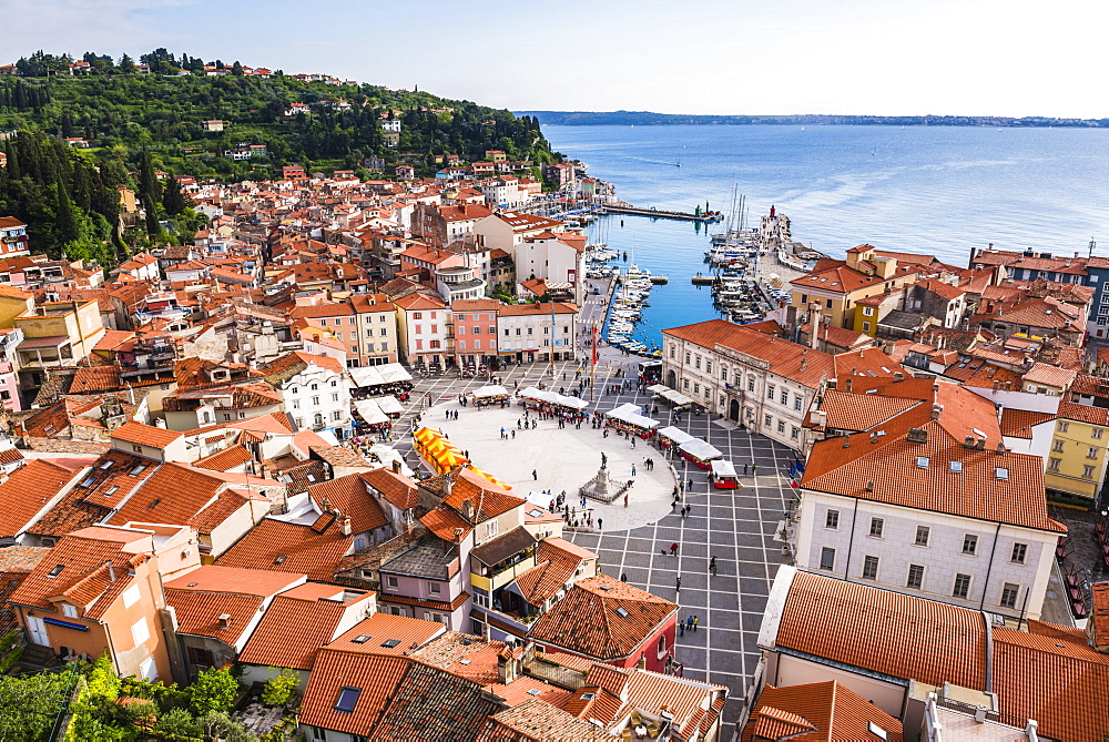 Piran and Tartini Square, seen from Church of St. George, Piran, Primorska, Slovenian Istria, Slovenia, Europe