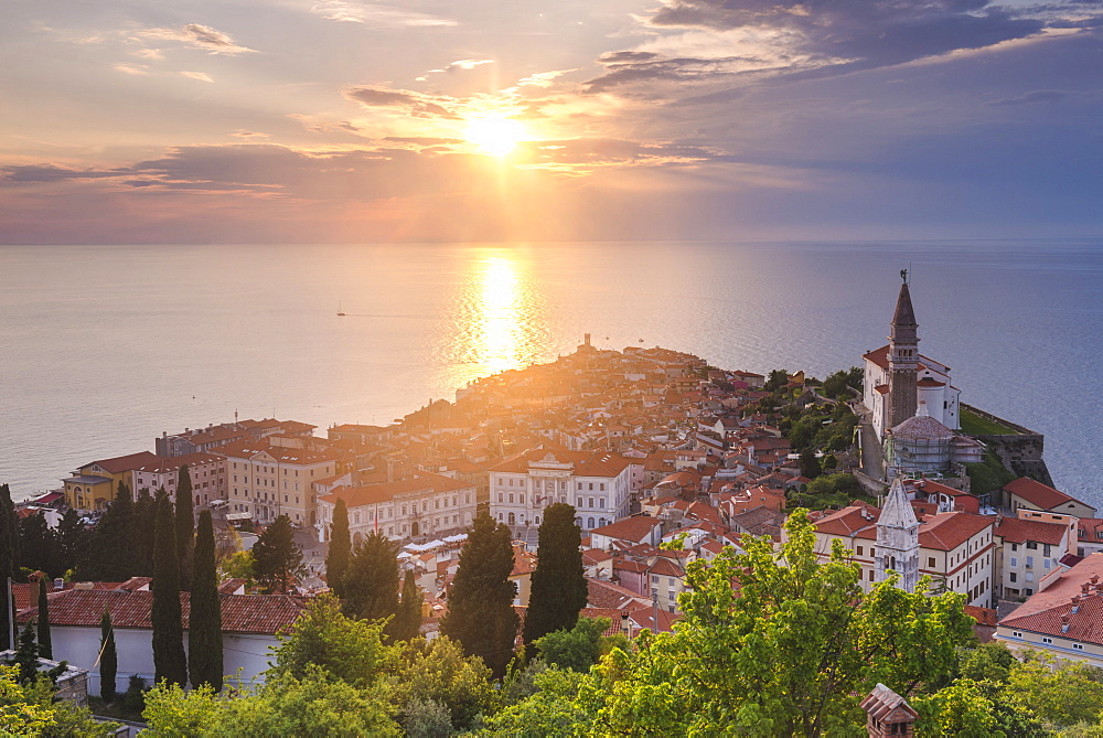 Piran at sunset, and the Mediterranean Sea, seen from Piran Town Walls, Piran, Primorska, Slovenian Istria, Slovenia, Europe