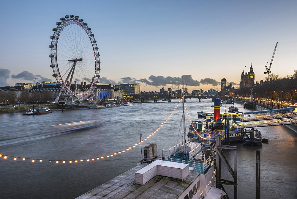 Tattershall Castle (River Thames Boat Restaurant) and The London Eye at night seen from Embankment, London, England, United Kingdom, Europe