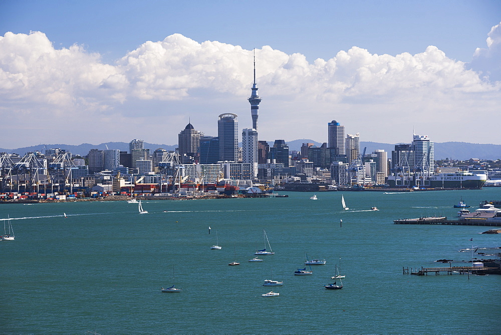 Auckland City skyline and Auckland Harbour seen from Devenport, North Island, New Zealand, Pacific