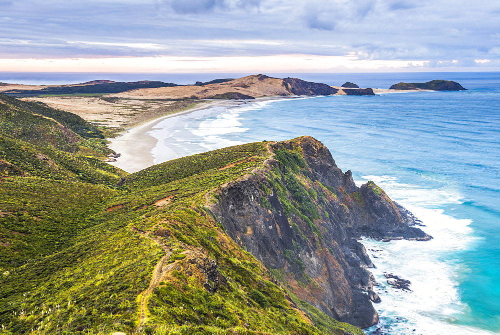 Te Werahi Beach at sunrise, with Te Paki Coastal Track path visible, Cape Reinga, North Island, New Zealand, Pacific