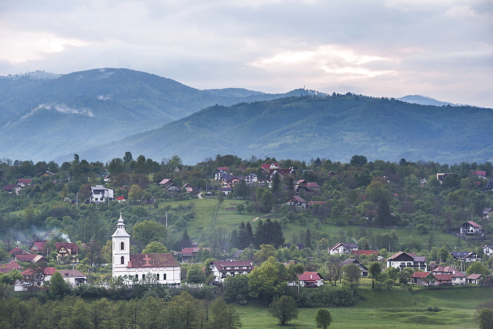 Romanian countryside surrounding Bran Castle at sunset, Transylvania, Romania, Europe