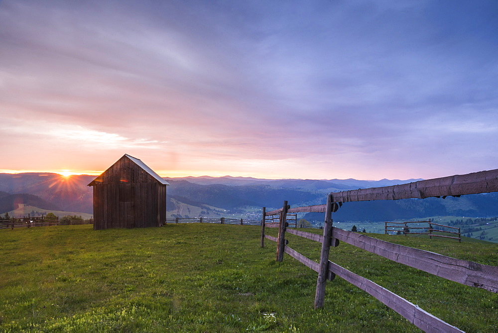 Bukovina Region (Bucovina) landscape at sunrise, Paltinu, Romania, Europe