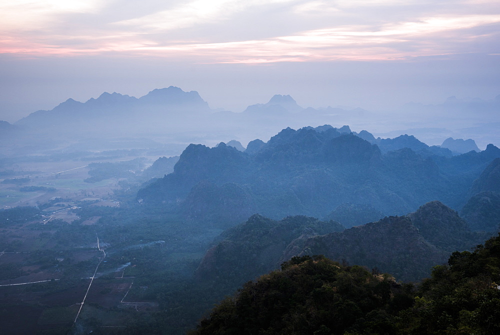 View from Mount Zwegabin at sunrise, Hpa An, Kayin State (Karen State), Myanmar (Burma), Asia