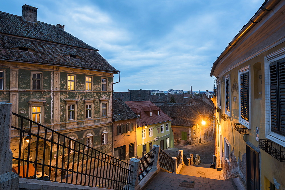 Sibiu, a 12th century Saxon city at night, Transylvania, Romania, Europe