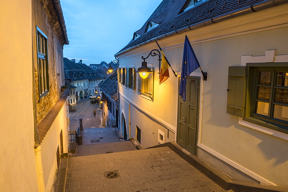 Sibiu, a 12th century Saxon city at night, Transylvania, Romania, Europe