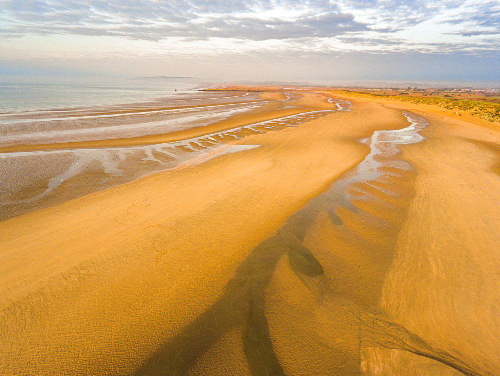 Camber Sands Beach at sunrise, Camber, near Rye, East Sussex, England, United Kingdom, Europe (Drone)