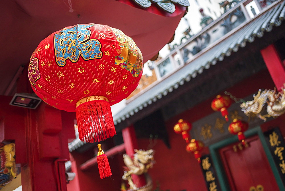 Chinese lanterns at a temple in Chinatown at night, Kuala Lumpur, Malaysia, Southeast Asia, Asia