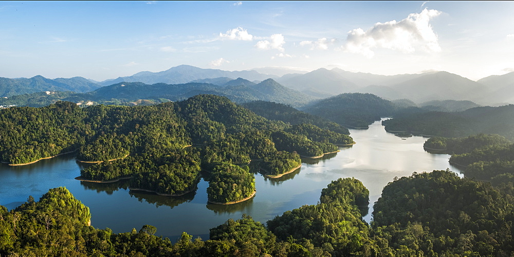 Kland Gate Dam Reservoir and rainforest at sunrise seen from Bukit Tabur Mountain, Kuala Lumpur, Malaysia, Southeast Asia, Asia