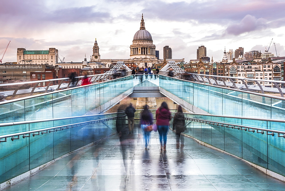 St. Pauls Cathedral at sunset, seen across Millennium Bridge, City of London, London, England, United Kingdom, Europe