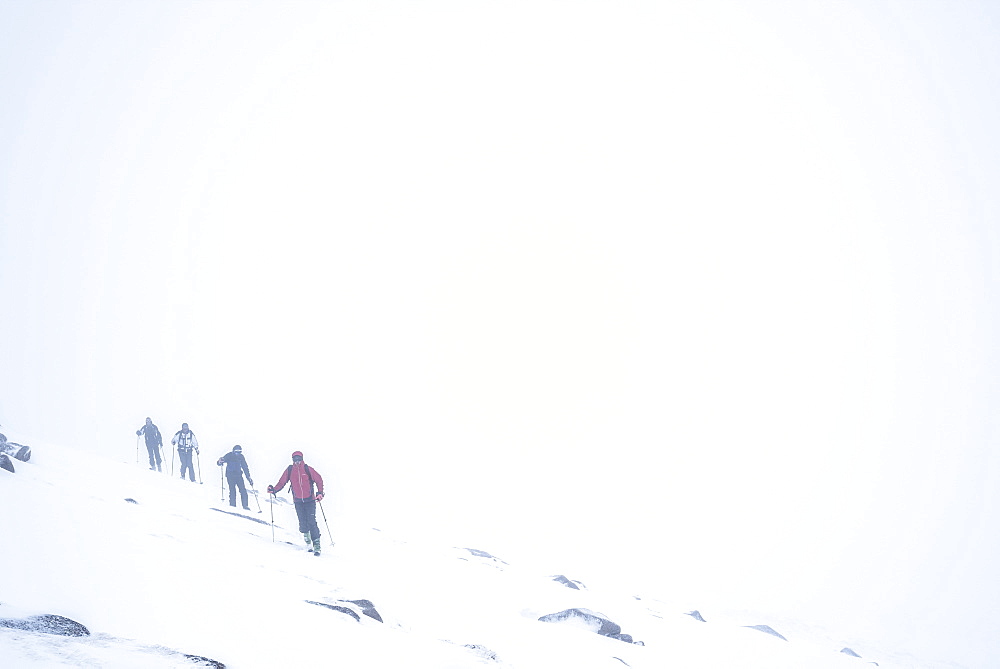 Ski touring in a snow blizzard white out at CairnGorm Mountain Ski Resort, Cairngorms National Park, Scotland, United Kingdom, Europe