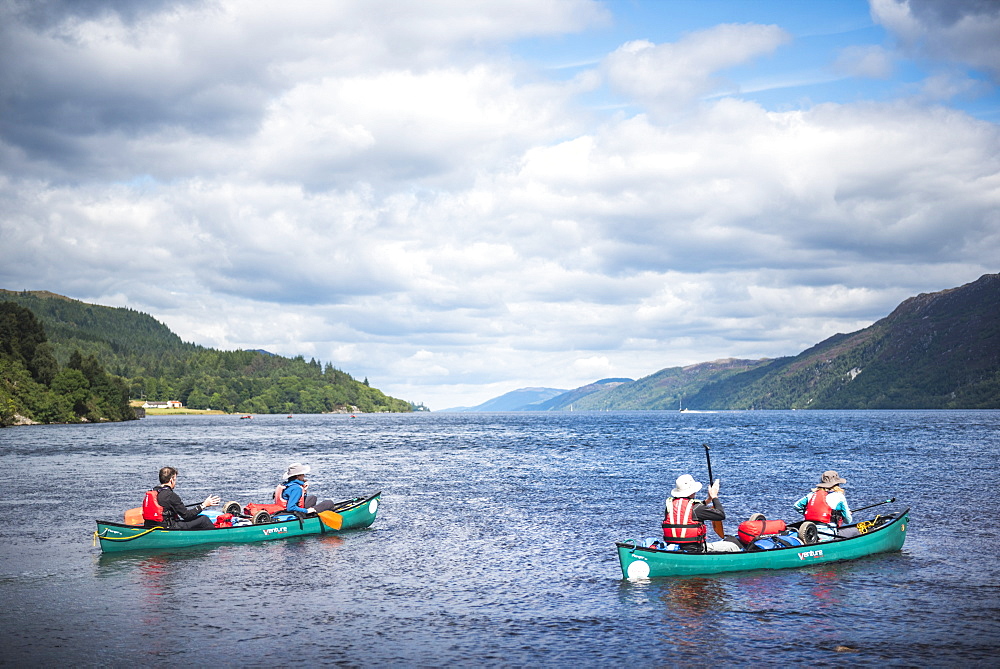 Canoeing Loch Ness section of the Caledonian Canal, near Fort Augustus, Scottish Highlands, Scotland, United Kingdom, Europe