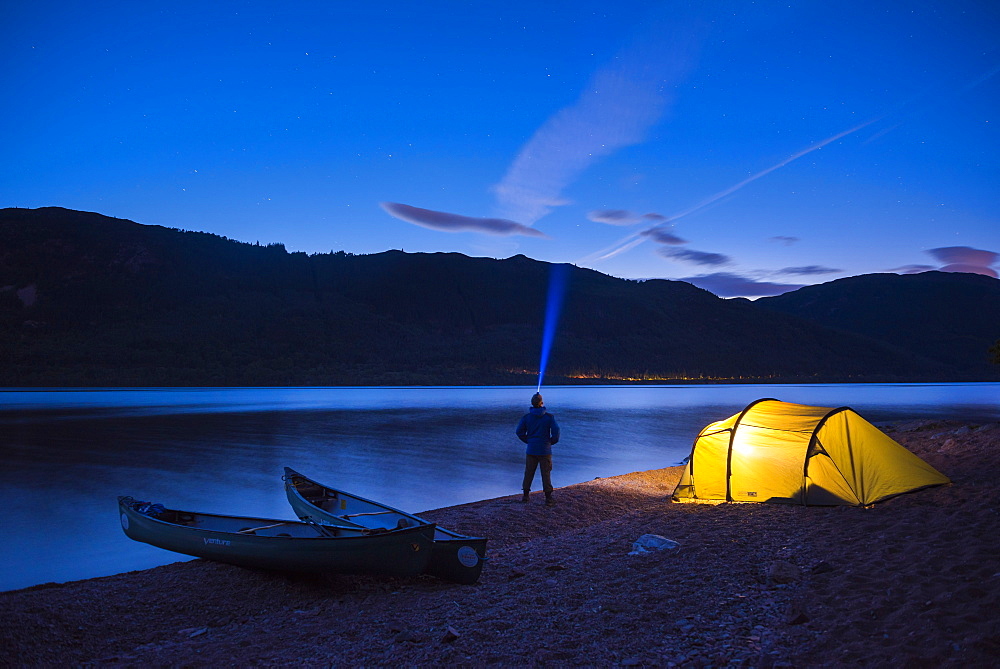 Camping at Loch Ness at night while canoeing the Caledonian Canal, Scottish Highlands, Scotland, United Kingdom, Europe