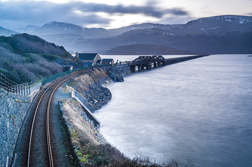 Barmouth Bridge at sunrise, Snowdonia National Park, Gwynedd, North Wales, Wales, United Kingdom, Europe